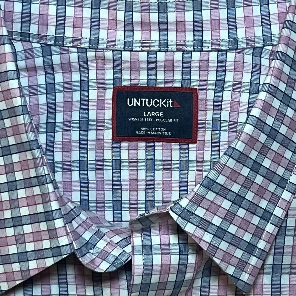 Untuckit Reg Fit Wrinkle Free Mens Large‎ Blue Pink Check Button Up Long Sleeve